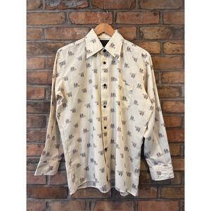 Vintage Curzon Mens Novelty Bicycle Print Button Down Shirt Cream 70s Retro L